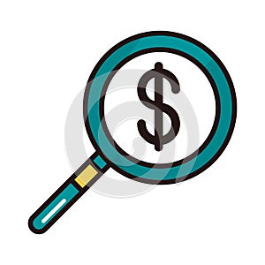 Money magnifying glass analysis shopping or payment mobile banking line and fill icon