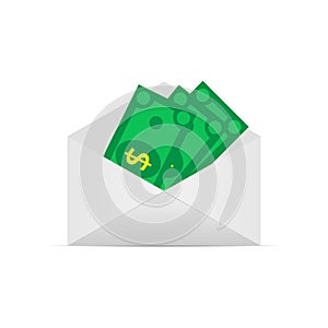 Money in the mail envelope. Cash Icon in flat style. Dollar bank