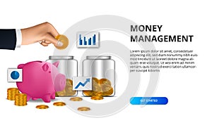 Money management finance diversification golden coin with glass bottle and pink piggy bank chart