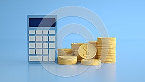 Money management, financial planning, calculating financial risk, calculator with coins stack on blue background