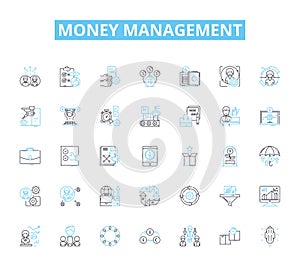 Money management linear icons set. Budgeting, Saving, Investing, Debt, Expenses, Income, Retirement line vector and