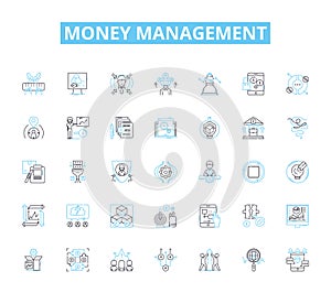 Money management linear icons set. Budgeting, Saving, Investing, Debt, Expenses, Income, Retirement line vector and