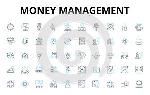 Money management linear icons set. Budgeting, Saving, Investing, Debt, Expenses, Income, Retirement vector symbols and