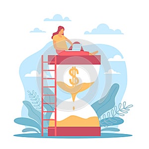 Money management, time and expenditure of funds. Woman sitting on hourglass with laptop, dollar sign. Investment and photo