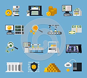 Money Manufacturing Icons Set