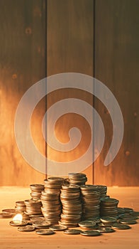 Money matters Coins neatly stacked on a wooden table