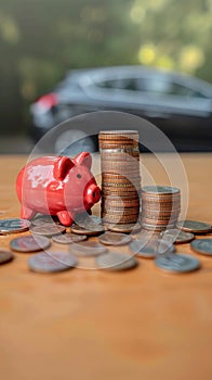 Money matters Coins, piggy bank, auto model for insurance concepts