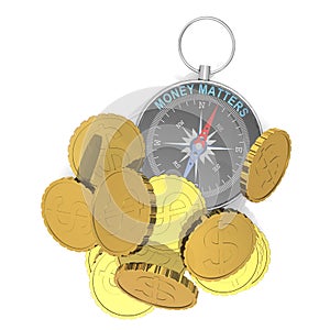 Money matters concept with compass and gold coins