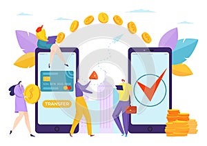 Money mobile online transaction, vector illustration. Business send and transfer bank app, digital internet payment flat