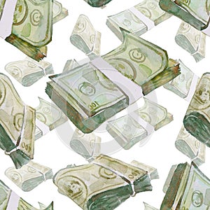 Money monochrome vintage seamless pattern with falling dollar bills rolls and stacks of one hundred US dollar banknotes watercolor