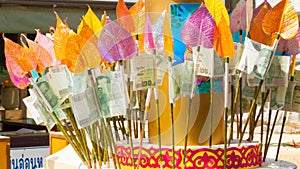 Money offered by devotees at the phra phatom chedi thailand