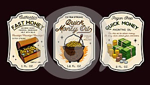 Money Oil Bottle Labels Potion Labels. Vector Illustration.