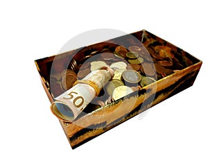 Money in an old box, banknotes and coins, isolated