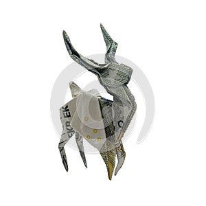 Money Origami Baby DEER Wild Stag Folded with Real 5 Euro Note Isolated on White Background