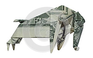 Money Origami BULL Taurus Right Side Profile Folded with Real One Dollar Bill Isolated on White Background