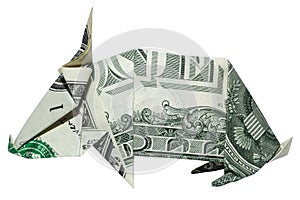 Money Origami BUNNY Folded Rabbit with Real One Dollar Bill Isolated on White Background Left Side