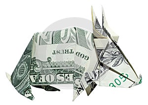 Money Origami BUNNY Folded Rabbit with Real One Dollar Bill Isolated on White Background Right Side Pattern