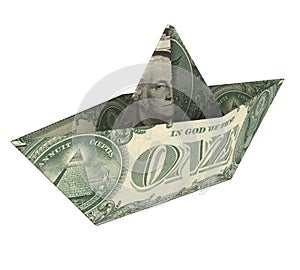 Money origami business or economics or banking concepts. One Dollar bill boat. Paper folded ship. 3D illustration