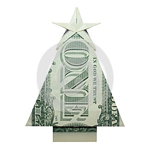 Money Origami CHRISTMAS TREE Isolated Real One Dollar Bill on White Background