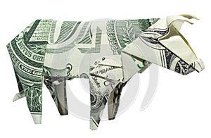 Money Origami COW Folded with Real One Dollar Bill Isolated on White Background