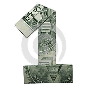 Money Origami DIGIT 1 Number Real One Dollar Bill Isolated on White Background
