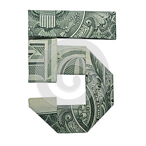 Money Origami DIGIT 5 Number Real One Dollar Bill Isolated on White Background