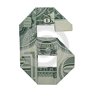 Money Origami DIGIT 6 Number Real One Dollar Bill Isolated on White Background