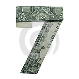 Money Origami DIGIT 7 NumbeR Real One Dollar Bill Isolated on White Background