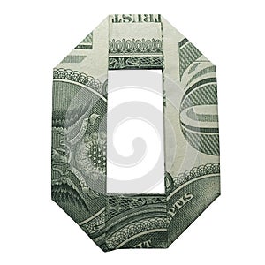 Money Origami DIGIT 0 LETTER O Character Folded with Real One Dollar Bill Isolated on White