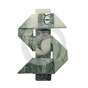 Money Origami DOLLAR SIGN Peso Mark Folded with Real TWO Dollars Bill Isolated on White Background