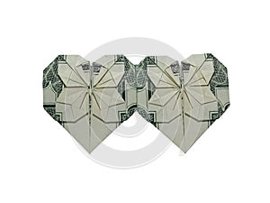 Money Origami Double HEARTS Real One Dollar Bill Isolated on White Background