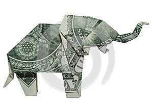 Money Origami ELEPHANT Right Side Folded with Real One Dollar Bill Isolated on White Background