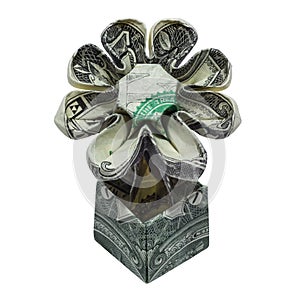 Money Origami FLOWER in POT Front Side Folded with Real One Dollar Bill Isolated on White Background