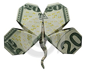 Money Origami Four Leaf CLOVER Shamrock Leaf Symbol Folded with Real 20 Dollars Bill Isolated