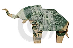 Money Origami Golden ELEPHANT Folded with Real 10 Dollars Bill Isolated on White Background
