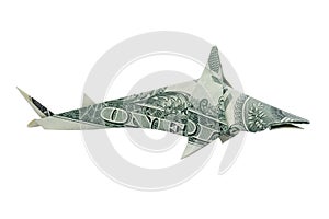 Money Origami Great White SHARK Right Side View Folded with Real One Dollar Bill Isolated on White Background