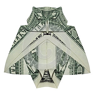 Money Origami Great Wise OWL Bird Folded with Real One Dollar Bill White Background