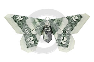 Money Origami Green BUTTERFLY Folded with Real Two Dollars Bill Isolated on White Background