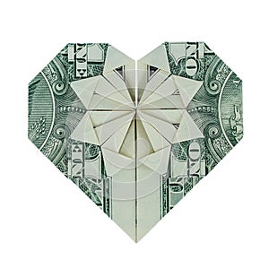 Money Origami HEART Real One Dollar Bill Isolated on White