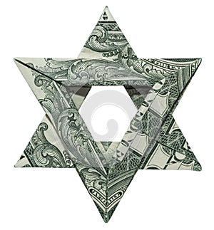 Money Origami Jewish STAR of DAVID Back Side Folded with Real One Dollar Bill Isolated on White Background