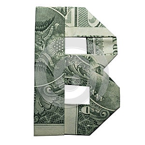 Money Origami LETTER B Character Real One Dollar Bill Isolated on White Background