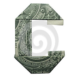 Money Origami LETTER C Character Real One Dollar Bill Isolated on White Background photo