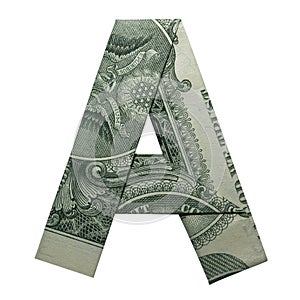 Money Origami LETTER A Character Folded with Real One Dollar Bill Isolated on White photo