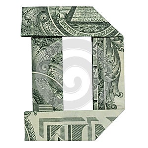 Money Origami LETTER D Character Folded with Real One Dollar Bill Isolated on White Background