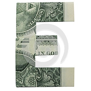 Money Origami LETTER E Character Folded with Real One Dollar Bill Isolated on White Background photo