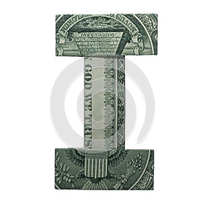 Money Origami LETTER I Character Real One Dollar Bill Isolated on White Background