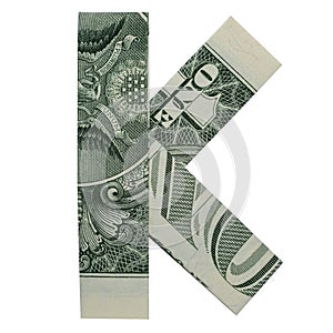 Money Origami LETTER K Folded with Real One Dollar Bill Isolated on White Background