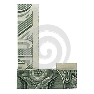 Money Origami LETTER L Character Folded with Real One Dollar Bill Isolated on White Background