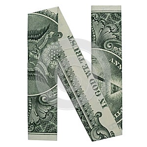 Money Origami LETTER N Folded with Real One Dollar Bill Isolated on White