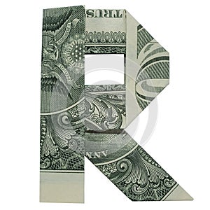 Money Origami LETTER R Character Folded with Real One Dollar Bill Isolated on White Background